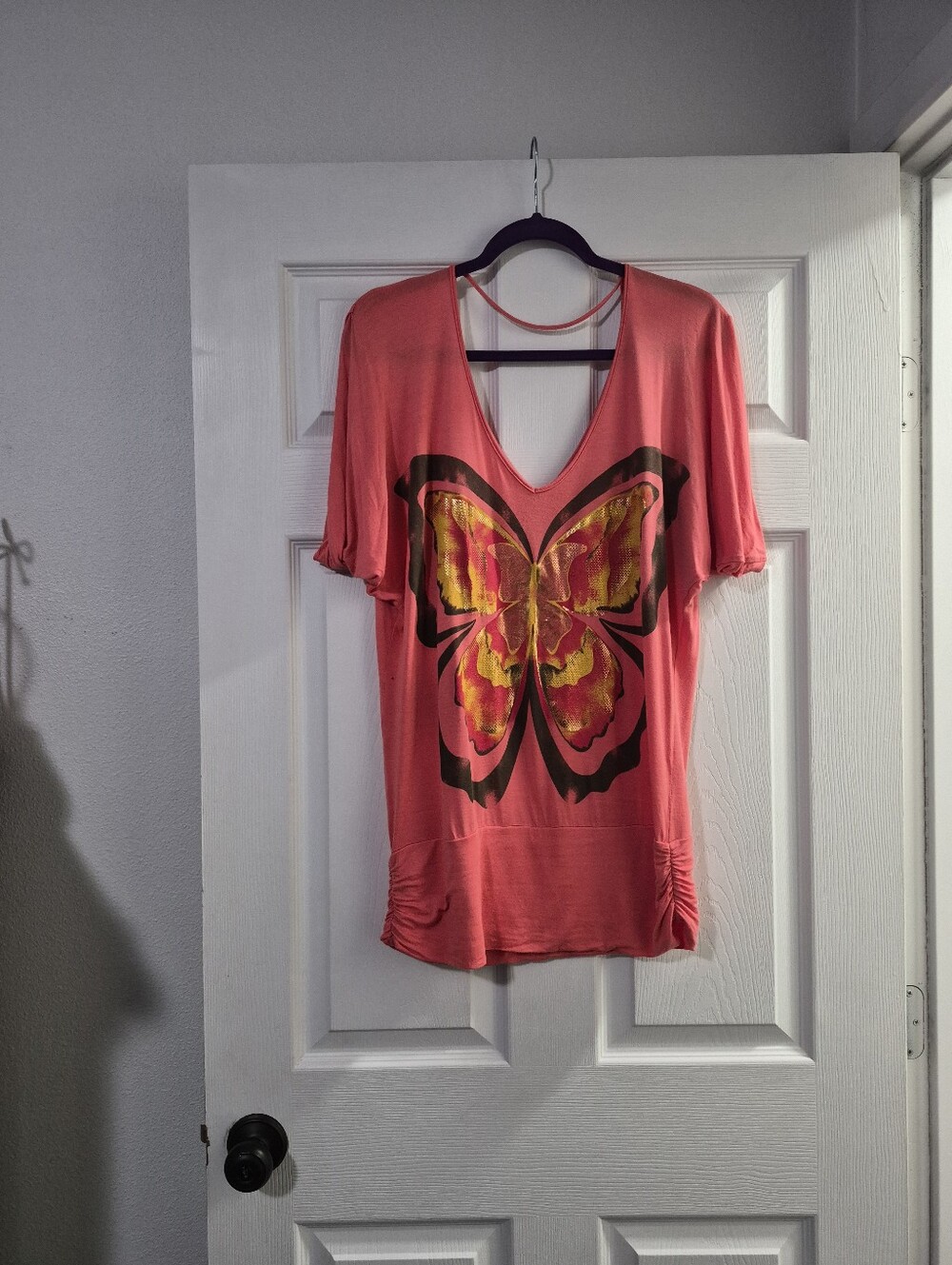 Y2k Coral Short Sleeve V-Neck Top with Yellow Butterfly